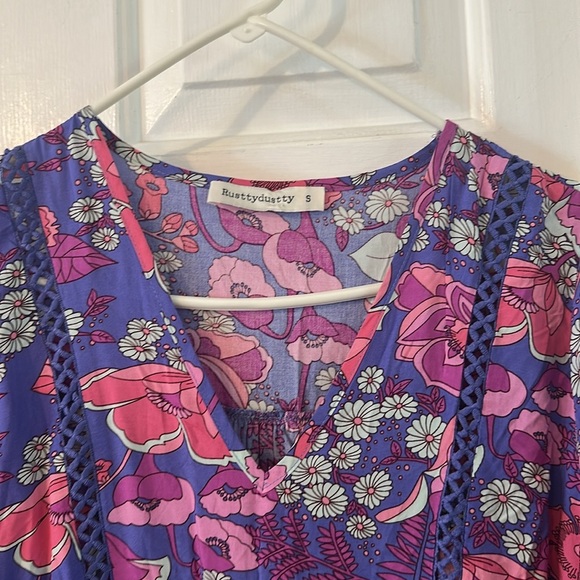 Women’s Rusttydustty Vibrant Floral Print Bishop Sleeve Smock Dress Size Small - Picture 5 of 8